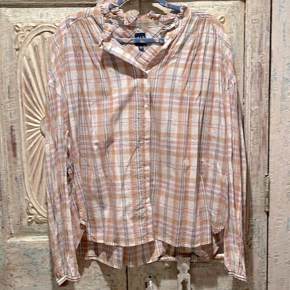 NWOT Gap Ruffle neck Plaid Blouse /xx/